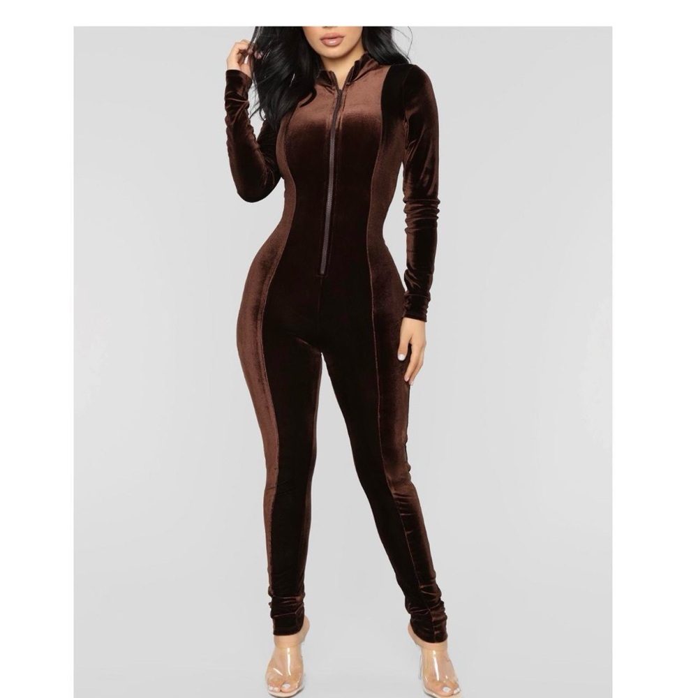 Fashion Nova Brown Velvet Jumpsuit - Picture 3 of 7